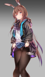 Rule 34 | 1girl, absurdres, amiya (arknights), animal ears, arknights, black jacket, black pantyhose, blue eyes, blush, brown hair, chen bin, clothes lift, gradient background, hair between eyes, highres, hood, hooded coat, jacket, jewelry, knees together feet apart, lifting own clothes, long hair, looking at viewer, open clothes, open jacket, pantyhose, pleated skirt, rabbit ears, ring, shirt, sidelocks, simple background, skirt, solo, white shirt