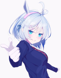 Rule 34 | &gt;:), .live, 1girl, animal ears, antenna hair, blue eyes, blue jacket, breasts, closed mouth, commentary request, flower, gloves, grey background, hair flower, hair ornament, hairband, highres, jacket, kemonomimi mode, long sleeves, looking at viewer, looking to the side, medium breasts, necktie, pink hairband, polka dot neckwear, ratsuku kinoko, red necktie, silver hair, simple background, dennou shoujo siro, smile, solo, v-shaped eyebrows, virtual youtuber, white gloves