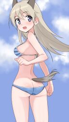 Rule 34 | 1girl, animal ears, ass, bikini, blonde hair, blue eyes, blush, breasts, butt crack, eila ilmatar juutilainen, fox ears, fox tail, highres, long hair, looking back, medium breasts, open mouth, remoso, sideboob, sky, smile, solo, strike witches, striped bikini, striped clothes, swimsuit, tail, world witches series