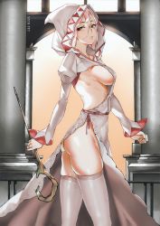 Rule 34 | 1girl, ass, breasts, column, derivative work, final fantasy, hood, indoors, jewelry, looking at viewer, no panties, pillar, pink hair, ring, sideboob, solo, standing, thighhighs, viola (seed), wand, white mage (final fantasy), white thighhighs
