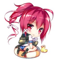 Rule 34 | 10s, 1girl, ass, backpack, bag, chibi, hand fan, i-168 (kancolle), innertube, kantai collection, long hair, looking back, lowres, one-piece swimsuit, paper fan, ponytail, red eyes, red hair, rei (rei&#039;s room), rubber duck, solo, swim ring, swimsuit, swimsuit under clothes, uchiwa