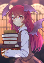 Rule 34 | 1girl, bat wings, blurry, blurry background, blush, book, book stack, brown skirt, brown vest, closed mouth, commentary request, from side, head wings, highres, indoors, koakuma, long hair, looking at viewer, nayozane (worker7), necktie, red eyes, red hair, red necktie, skirt, skirt set, smile, solo, swept bangs, touhou, upper body, very long hair, vest, window, wings