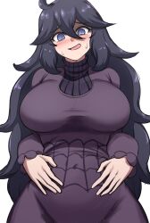 Rule 34 | 1girl, @ @, absurdres, ahoge, black hair, blue eyes, breasts, covered navel, cowboy shot, creatures (company), dress, game freak, hair between eyes, hairband, hex maniac (pokemon), highres, kiteman442, large breasts, long hair, long sleeves, messy hair, nervous, nintendo, open mouth, pokemon, pokemon xy, purple dress, simple background, smile, solo, spider web print, standing, sweat, sweater, turtleneck, turtleneck sweater, white background