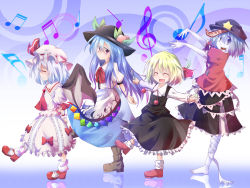 Rule 34 | 4girls, arms behind back, ascot, bandages, barefoot, bat wings, blonde hair, blouse, blue background, blue eyes, blue hair, bobby socks, boots, bow, dress shirt, closed eyes, fang, female focus, food, fork, fruit, hair ribbon, hat, hat ribbon, hinanawi tenshi, hiro (pqtks113), leaf, light purple hair, long hair, long sleeves, looking at viewer, miyako yoshika, multiple girls, musical note, ofuda, open mouth, outstretched arms, peach, profile, purple hair, red eyes, reflection, remilia scarlet, ribbon, rumia, sharp teeth, shirt, short hair, short sleeves, sidelocks, skirt, smile, socks, spoon, spread arms, star (symbol), teeth, touhou, treble clef, vest, walking, wings, zombie pose