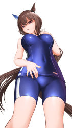 Rule 34 | 1girl, absurdres, admire vega (umamusume), animal ears, bad id, bad pixiv id, blue one-piece swimsuit, breasts, brown eyes, brown hair, competition school swimsuit, covered erect nipples, covered navel, ear covers, feet out of frame, gibun (sozoshu), gluteal fold, hand on own chest, highres, horse ears, horse girl, horse tail, indoors, looking at viewer, looking down, medium breasts, one-piece swimsuit, open mouth, school swimsuit, shaded face, short hair, simple background, solo, standing, swimsuit, tail, umamusume, v-shaped eyebrows, white background