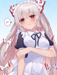 Rule 34 | 1girl, apron, black dress, blue background, bow, breasts, dress, embarrassed, fujiwara no mokou, hair bow, highres, long hair, maid, maid apron, maid day, maid headdress, multiple hair bows, red eyes, solo, spoken blush, touhou, unime seaflower, very long hair, white apron, white hair, white headdress