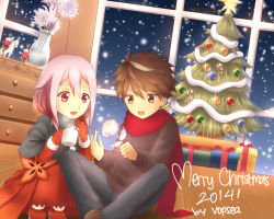 Rule 34 | 10s, 1boy, 1girl, blush, brown eyes, brown hair, christmas ornaments, christmas tree, cup, flower, food, gloves, guilty crown, hair ornament, hairclip, hot chocolate, long hair, open mouth, ouma shuu, pink hair, red eyes, rose, scarf, short hair, smile, twintails, vopsea, aged down, yuzuriha inori