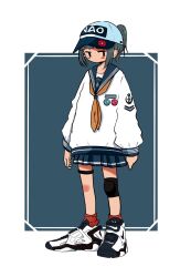 Rule 34 | 1girl, anchor symbol, arms at sides, artist name, badge, baseball cap, blunt bangs, blush, border, button badge, closed mouth, full body, grey background, grey hair, grey sailor collar, grey skirt, hat, high ponytail, highres, jitome, knee pads, long sleeves, looking at viewer, miniskirt, nao97122, neckerchief, nike (company), orange neckerchief, original, outside border, pleated skirt, print headwear, red socks, sailor collar, sailor shirt, shirt, shoes, sidelocks, simple background, single knee pad, skirt, sleeve cuffs, sneakers, socks, solo, standing, star (symbol), streetwear, thigh strap, white border, white footwear, white hat, white shirt