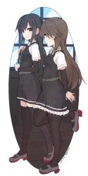 Rule 34 | 2girls, :o, absurdres, arashio (kancolle), arm warmers, arms behind back, asashio (kancolle), belt, belt buckle, black dress, black footwear, black hair, black legwear, blouse, blue eyes, blush, book, brown eyes, brown hair, buckle, dated, dress, frilled dress, frills, from side, full body, highres, holding, holding book, indoors, kantai collection, long hair, looking at viewer, looking to the side, mary janes, multiple girls, outside border, own hands together, pantyhose, parted lips, pinafore dress, shirt, shoes, short sleeves, sidelocks, sleeveless, sleeveless dress, thighhighs, twitter username, walking, white shirt, window, yopan danshaku, zettai ryouiki