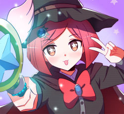 Rule 34 | 1girl, :3, black hat, black shirt, bob cut, cape, commentary, danganronpa (series), danganronpa v3: killing harmony, dot nose, face, hair ornament, hairclip, hat, holding, holding staff, jewelry, looking at viewer, qosic, red cape, red eyes, red hair, red ribbon, ribbon, shirt, short hair, simple background, solo, staff, star (symbol), tongue, tongue out, v, white wings, wings, witch hat, yumeno himiko