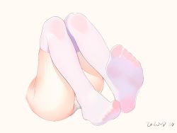 Rule 34 | 1girl, bei qi, beige background, dated, feet, foot focus, foreshortening, legs, no shoes, original, panties, shiny skin, simple background, soles, solo, thighhighs, underwear, white panties, white thighhighs