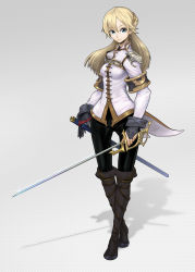 Rule 34 | 1girl, armor, blonde hair, blue eyes, boots, braid, crossed legs, fingerless gloves, full body, gloves, grey background, highres, holding, holding sword, holding weapon, knee boots, leggings, long hair, long sleeves, looking at viewer, masn (moxi), original, rapier, scabbard, sheath, simple background, smile, solo, spandex, standing, sword, uniform, watson cross, weapon