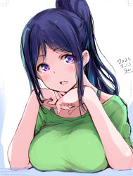 Rule 34 | 1girl, birthday, blush, breast rest, breasts, commentary, dated, gengoroh, high ponytail, large breasts, looking at viewer, love live!, love live! sunshine!!, matsuura kanan, ponytail, purple eyes, purple hair, sidelocks, signature, solo, upper body, white background