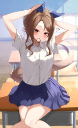Rule 34 | 1girl, ?, absurdres, alternate costume, animal ears, arms up, blue skirt, blurry, blurry background, blush, breasts, brown hair, desk, ear covers, feet out of frame, hair tie, highres, horse ears, horse girl, horse tail, indoors, king halo (umamusume), long hair, looking at viewer, medium breasts, mouth hold, on desk, ponytail, red eyes, school desk, shirt, shirt tucked in, short sleeves, sitting, on desk, skirt, solo, tail, tyabesu, tying hair, umamusume, white shirt