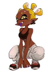 Rule 34 | 1girl, baggy pants, bare shoulders, black tank top, breasts, cleavage, collarbone, colored eyelashes, commentary request, dark-skinned female, dark skin, earrings, frye (splatoon), full body, highres, inkling, jewelry, korean commentary, large breasts, mbel4939, nintendo, official alternate costume, official alternate hairstyle, pants, shoes, short hair, simple background, solo, splatoon (series), splatoon 3, squatting, star-shaped pupils, star (symbol), symbol-shaped pupils, tank top, teeth, tentacle hair, tongue, tongue out, very dark skin, white background, white pants, yellow pupils