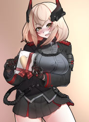 Rule 34 | 1girl, absurdres, azur lane, black jacket, black shirt, black skirt, blonde hair, blush, bow, breasts, brown eyes, cowboy shot, cross, gift, headgear, highres, iron cross, jacket, large breasts, mechanical hands, military, military uniform, multicolored hair, neptune zx, nose blush, pleated skirt, red bow, red hair, roon (azur lane), shirt, skirt, solo, streaked hair, tan background, thighs, uniform, yellow eyes