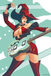 Rule 34 | 1girl, breasts, dress, electric guitar, green eyes, guilty gear, guilty gear xrd, guitar, hat, highres, i-no, instrument, large breasts, looking at viewer, mole, mole above mouth, nikusenpai, o-ring, o-ring top, red headwear, short dress, thighhighs, underboob, witch hat