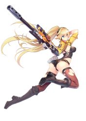 Rule 34 | 1girl, absurdres, aqua eyes, artist request, ass, blonde hair, boots, breasts, gloves, gun, headphones, highres, holding, holding weapon, jacket, knee boots, legs, long hair, long legs, looking at viewer, looking back, medium breasts, midriff, ponytail, rifle, shaonyu cofee gun, short shorts, shorts, simple background, solo, thighhighs, thighs, torn clothes, torn thighhighs, weapon, white background