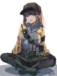 Rule 34 | 1girl, absurdres, baseball cap, belt pouch, black hat, black panties, boots, brown hair, brown pantyhose, dier (girls&#039; frontline), dima (girls&#039; frontline), flashback, full body, gar32, girls&#039; frontline, green eyes, green footwear, green skirt, grey hoodie, hat, highres, hood, hoodie, indian style, jacket, looking at viewer, miniskirt, open clothes, open jacket, open mouth, panties, pantyhose, ponytail, pouch, shoulder belt, signature, simple background, sitting, skirt, solo, thigh strap, tom clancy&#039;s the division, underwear, walkie-talkie, white background, yellow jacket