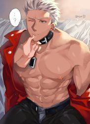 Rule 34 | 1boy, abs, archer (fate), bare pectorals, belt collar, black pants, brown eyes, bulge, collar, dark-skinned male, dark skin, fate/stay night, fate (series), grey male underwear, highres, jacket, large pectorals, latex pants, male focus, male underwear, male underwear peek, muscular, muscular male, navel, nipples, official alternate costume, open clothes, open jacket, open pants, pants, pectorals, red jacket, rodjiura (rjur00), short hair, solo focus, stomach, thighs, white hair