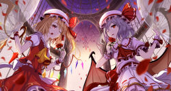 Rule 34 | 2girls, ascot, back bow, bat wings, blonde hair, blurry, bow, breasts, brooch, collared shirt, cowboy shot, crystal, curtains, depth of field, falling petals, flandre scarlet, flower, frilled shirt, frilled shirt collar, frilled skirt, frilled sleeves, frills, from below, from side, hat, hat ribbon, highres, holding, holding flower, jewelry, looking at another, medium hair, mouth hold, multicolored wings, multiple girls, naru (kts5584), one eye closed, one side up, orange brooch, petal in mouth, petals, puffy short sleeves, puffy sleeves, pulling curtains, purple hair, red ascot, red eyes, red flower, red petals, red ribbon, red rose, red skirt, red vest, remilia scarlet, ribbon, ribbon-trimmed shirt, ribbon-trimmed skirt, ribbon trim, rose, rose petals, shirt, short sleeves, siblings, sisters, skirt, sleeve ribbon, small breasts, touhou, vest, white bow, white curtains, white headwear, white ribbon, white shirt, wings, wrist cuffs, yellow ascot