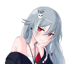 Rule 34 | 1girl, black jacket, closed mouth, fu hua, fu hua (herrscher of sentience), grey hair, hair between eyes, hair ornament, hand on own chin, highres, honkai (series), honkai impact 3rd, jacket, jingwei (bird), long hair, looking at viewer, multicolored hair, off shoulder, official alternate costume, red eyes, shirt, simple background, sleeveless, sleeveless shirt, solo, streaked hair, upper body, white background, white hair, white shirt, yellow pupils, yuhuria 52