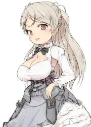 Rule 34 | 1girl, alchera, breasts, cleavage, cleavage cutout, clothing cutout, conte di cavour (kancolle), dress, green eyes, kantai collection, large breasts, layered dress, long hair, looking at viewer, multicolored hair, parted lips, silver hair, simple background, solo, two-tone dress, two-tone hair, white background, white dress