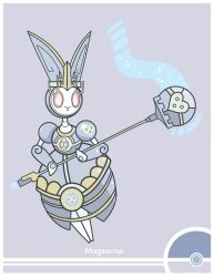 Rule 34 | animal focus, rabbit, character name, commentary, cosmopoliturtle, creature, creatures (company), english commentary, frown, game freak, gen 7 pokemon, grey background, highres, holding, holding scepter, legendary pokemon, magearna, magearna (normal), mythical pokemon, nintendo, no humans, pink eyes, poke ball symbol, pokemon, pokemon (creature), scepter, simple background, solo