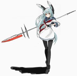 Rule 34 | 10s, 1girl, alternate weapon, bad id, bad twitter id, black pantyhose, blue hair, dress, fingerless gloves, full body, glaive (polearm), gloves, headgear, highres, kantai collection, long hair, looking at viewer, miruto netsuki, murakumo (kancolle), orange eyes, pantyhose, polearm, sailor dress, short dress, simple background, solo, uniform, weapon, white background
