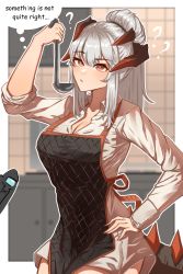 Rule 34 | 1girl, 1other, ?, absurdres, alternate hairstyle, among us, apron, arknights, arm up, black apron, border, breasts, cleavage, commentary, cowboy shot, doctor (arknights), dress, english commentary, hand on own hip, highres, holding, holding ladle, horns, indoors, ladle, large breasts, long hair, long sleeves, najashi, orange eyes, outline, outside border, ponytail, saria (arknights), short dress, sidelocks, silver hair, standing, tail, thought bubble, white border, white dress, white outline