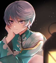 Rule 34 | 1boy, ari (bleum), bishounen, blurry, blurry foreground, closed mouth, hair between eyes, head rest, lantern, long sleeves, looking at viewer, male focus, mikleo (tales), purple eyes, silver hair, smile, solo, tales of (series), tales of zestiria