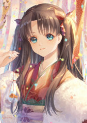 Rule 34 | 1girl, animal, bad id, bad pixiv id, bag, bagged fish, blue eyes, blush, brown hair, closed mouth, commentary request, fate/stay night, fate (series), fish, floral print, fur trim, goldfish, hair ribbon, haneru, head tilt, highres, holding, japanese clothes, kimono, long hair, looking at viewer, obi, print kimono, red kimono, red ribbon, ribbon, sash, solo, tohsaka rin, tree, two side up, very long hair, water
