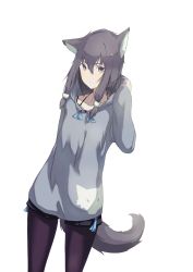 Rule 34 | 1girl, animal ears, arm up, blue ribbon, fox print, green eyes, grey hair, grey tail, hair between eyes, highres, holding, holding hoodie, long hair, looking at viewer, mikisai, open mouth, original, pantyhose, purple pantyhose, ribbon, sidelocks, simple background, solo, tail, white background