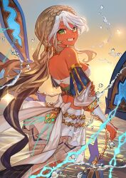Rule 34 | 1girl, andromeda (fate), bandeau, bare shoulders, bridal gauntlets, brown hair, choker, commentary request, dark skin, fate/grand order, fate (series), green eyes, grin, highres, lack, looking at viewer, low twintails, midriff, multicolored hair, skirt, smile, solo, strapless, tube top, twintails, two-tone hair, white hair, white skirt