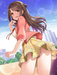 Rule 34 | 1girl, anus, ass, bar censor, blush, brown eyes, brown hair, censored, day, from behind, highres, idolmaster, idolmaster cinderella girls, jacket, looking at viewer, looking back, miniskirt, mk (mod0), neck ribbon, no panties, open clothes, open jacket, open mouth, outdoors, pink jacket, pussy, red ribbon, ribbon, shimamura uzuki, shirt, skirt, solo, standing, sweat, teeth, upper teeth only, white shirt, yellow skirt