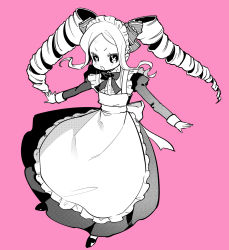 Rule 34 | 1girl, :o, absurdres, alternate costume, apron, beatrice (re:zero), blush, bow, bowtie, butterfly-shaped pupils, commentary request, dress, drill hair, enmaided, eyelashes, floating hair, full body, hair ribbon, highres, long sleeves, maid, nenene mura, open mouth, outstretched arms, pink background, re:zero kara hajimeru isekai seikatsu, ribbon, shoes, sidelocks, simple background, solo, symbol-shaped pupils, twin drills, twintails