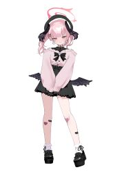 Rule 34 | 1girl, absurdres, alternate costume, beret, black footwear, black hat, black skirt, black wings, blue archive, chiimanju, closed mouth, full body, halo, hat, head wings, highres, jirai kei, koharu (blue archive), long hair, long sleeves, looking at viewer, pink eyes, pink hair, pink halo, pink shirt, shirt, shoes, simple background, skirt, sleeves past wrists, socks, solo, twintails, white background, white socks, wings