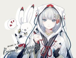 Rule 34 | &gt; &lt;, 1girl, 1other, commentary, controller, dated, game controller, grey eyes, hair ornament, handheld game console, hatsune miku, highres, holding, holding controller, holding game controller, hooded kimono, japanese clothes, joy-con, kimono, liita (dusk snow), looking at viewer, nintendo switch, rabbit, rabbit yukine, silver hair, simple background, sleeves past wrists, smile, snowflake print, speech bubble, upper body, vocaloid, white kimono, yuki miku, yuki miku (2018)