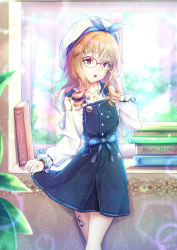 Rule 34 | 1boy, adjusting eyewear, blonde hair, book, bracelet, buttons, curtsey, drill hair, drill sidelocks, frilled sleeves, frills, glasses, hair ornament, hairclip, hat, highres, indoors, jewelry, leg tattoo, looking at viewer, male focus, natsusora wakana, novady, open mouth, original, overall skirt, ribbon, ring, sidelocks, solo, standing, tattoo, trap, window, yellow eyes