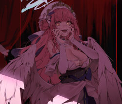 1girl absurdres alternate_costume blue_archive breasts bridal_gauntlets cleavage crazy_smile feathered_wings glowing glowing_eyes hair_bun halo hands_on_own_face highres large_breasts leviathan_(hikinito0902) long_hair looking_at_viewer low_wings mika_(blue_archive) pink_hair pink_halo single_hair_bun smile solo tearing_up upper_body white_bridal_gauntlets white_wings wings yandere_trance yellow_eyes