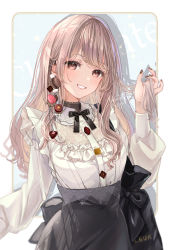 Rule 34 | 1girl, black nails, black skirt, brown eyes, brown hair, candy, chocolate, chocolate heart, commentary request, food, grin, hand up, heart, highres, long hair, long sleeves, macaron, nail art, nail polish, original, puffy long sleeves, puffy sleeves, puracotte, shirt, skirt, smile, solo, star (symbol), valentine, very long hair, white shirt