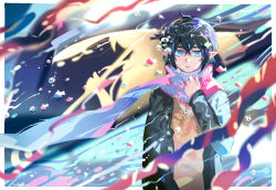 Rule 34 | 1boy, air bubble, aotu world, artist name, black hair, black jacket, blue eyes, blurry, blurry background, blurry foreground, border, brown sweater, bubble, buttons, camil (aotu world), chinese commentary, commentary request, crossed bangs, dated, eromkk, fish, hair between eyes, hand up, highres, jacket, long sleeves, looking at viewer, male focus, open clothes, open jacket, outside border, parted lips, pointy ears, scarf, short hair, solo, straight-on, sweater, underwater, white border, white scarf