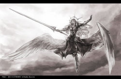 Rule 34 | 10s, 1girl, 2011, akaitera, angel wings, armor, character request, dated, female focus, giant-hobby, halo, long hair, monochrome, outdoors, sky, solo, sword, very long hair, weapon, wings