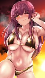 Rule 34 | 1girl, bare shoulders, bikini, blush, breasts, circussion, cleavage, collarbone, earrings, gold bikini, gradient sky, heart, heart earrings, heterochromia, highres, hololive, houshou marine, jewelry, large breasts, long hair, looking at viewer, navel, orange sky, red eyes, sky, smile, solo, swimsuit, thighs, tongue, tongue out, twilight, virtual youtuber, yellow eyes