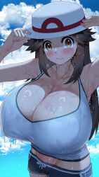 Rule 34 | 1girl, alternate breast size, armpits, arms up, bare shoulders, blush, breasts, brown eyes, brown hair, cleavage, covered erect nipples, creatures (company), day, dot nose, eyelashes, female focus, game freak, hat, highres, huge breasts, leaf (pokemon), long hair, lowleg, matching hair/eyes, micro shorts, midriff, nintendo, outdoors, pokemon, pokemon frlg, shiny skin, short shorts, shorts, sidelocks, sky, smile, solo, standing, sumisumii, water, wet