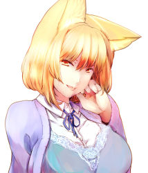 Rule 34 | 1girl, animal ears, blonde hair, breasts, dearmybrothers, female focus, fox ears, highres, large breasts, looking at viewer, smile, solo, tongue, tongue out, touhou, upper body, white background, yakumo ran, yellow eyes