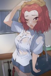 Rule 34 | 1girl, alternate costume, arm at side, arm up, bag, blouse, blue skirt, blush, breasts, fang, forehead, girls und panzer, highres, medium breasts, one eye closed, open mouth, pink hair, rain, rosehip (girls und panzer), school bag, see-through, see-through shirt, shirt, short hair, skin fang, skirt, solo, tissue box, towel, umbrella, wet, wet clothes, wet hair, wet shirt, white shirt, window, yellow eyes, zono (inokura syuzo029)