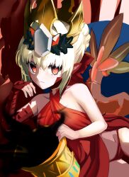 Rule 34 | 1girl, absurdres, ahoge, bare shoulders, blonde hair, braid, breasts, chalice, crown, cup, dragon tail, dress, elbow gloves, facial mark, fate/grand order, fate (series), french braid, gloves, hair bun, hair intakes, hair ribbon, highres, long hair, looking at viewer, nero claudius (fate), nero claudius (fate) (all), panties, pointy ears, queen draco (fate), queen draco (first ascension) (fate), red dress, red eyes, red panties, red ribbon, ribbon, scales, single glove, small breasts, solo, tail, torimahera, underwear, white gloves