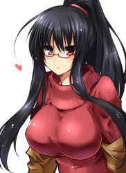 Rule 34 | 1girl, bad id, bad pixiv id, black hair, breasts, glasses, heart, impossible clothes, jacket, large breasts, long hair, looking at viewer, paopao, ponytail, red-framed eyewear, red eyes, ribbed sweater, semi-rimless eyewear, sidelocks, simple background, solo, sweater, white background