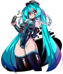 Rule 34 | 1girl, :t, aqua hair, arm behind back, bad id, bad tumblr id, bare shoulders, black thighhighs, breasts, cropped legs, eating, female focus, fork, hat, hatsune miku, highleg, highleg leotard, highres, leotard, long hair, looking at viewer, musical note, red eyes, slugbox, solo, thighhighs, twintails, very long hair, vocaloid, white background